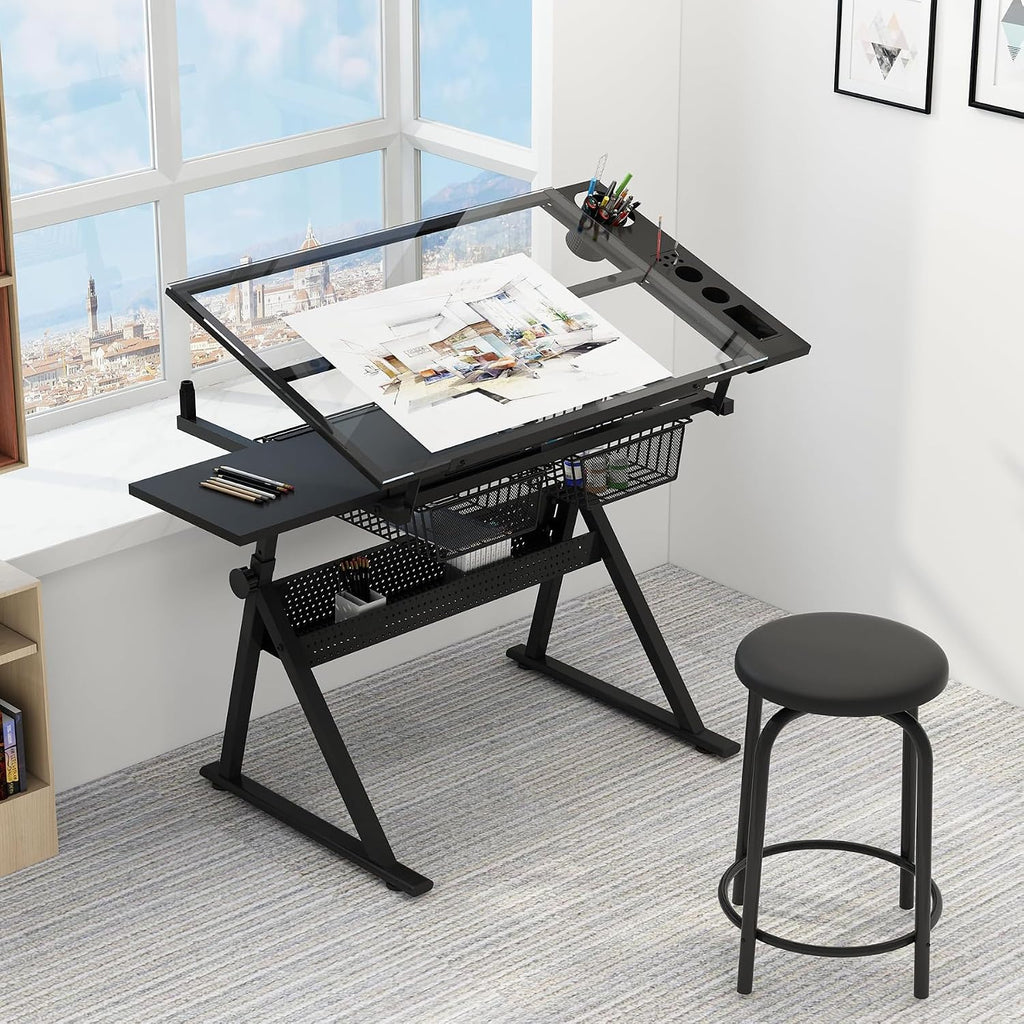 GarveeHome Drafting Table w/Stool, Height Adjustable Multifunctional Art Craft Artists Desk Tilting Glass Tabletop Diamond Paintings Work Station w/2 Storage Drawers for Home Office (Black-1)