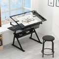 GarveeHome Drafting Table w/Stool, Height Adjustable Multifunctional Art Craft Artists Desk Tilting Glass Tabletop Diamond Paintings Work Station w/2 Storage Drawers for Home Office (Black-1)