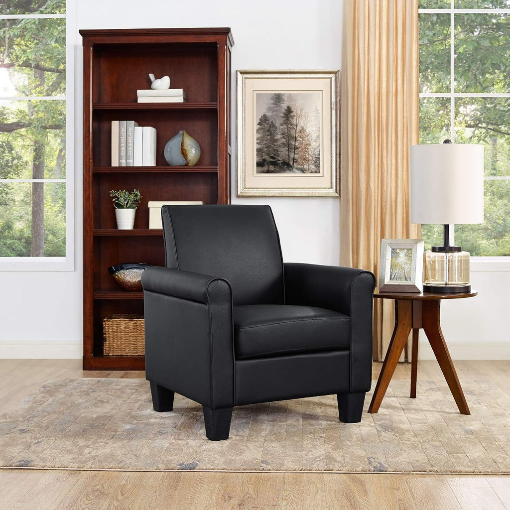 Faux Leather Accent Chair Set of 2, Mid Century Modern Living Room Chair, Upholstered Comfortable PU Leather Armchair for Bedroom, Office or Waiting Areas-Black