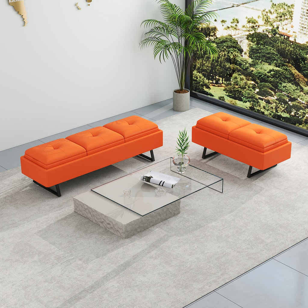 MOTION Leather Bench Waiting Room Chairs - 3 Seat Office Guest Reception Bench with Cushion, Waiting Room Bench Seating, Office Furniture Lobby Chairs for Salon, Shop, Set of 2, Orange