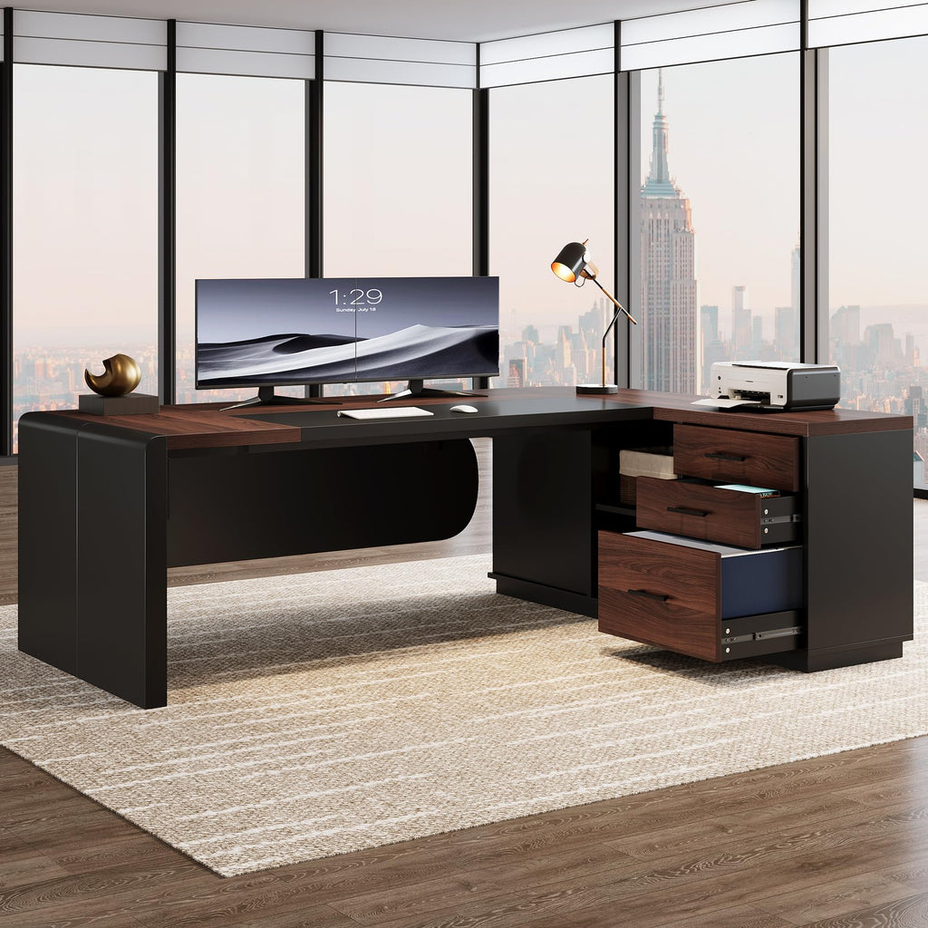 Tribesigns 81-Inch L-Shaped Office Desk, Large Commercial Office Desk with Drawers and File Cabinet, Modern Professional Business Furniture Workstations with Storage Shelves, Brown & Black