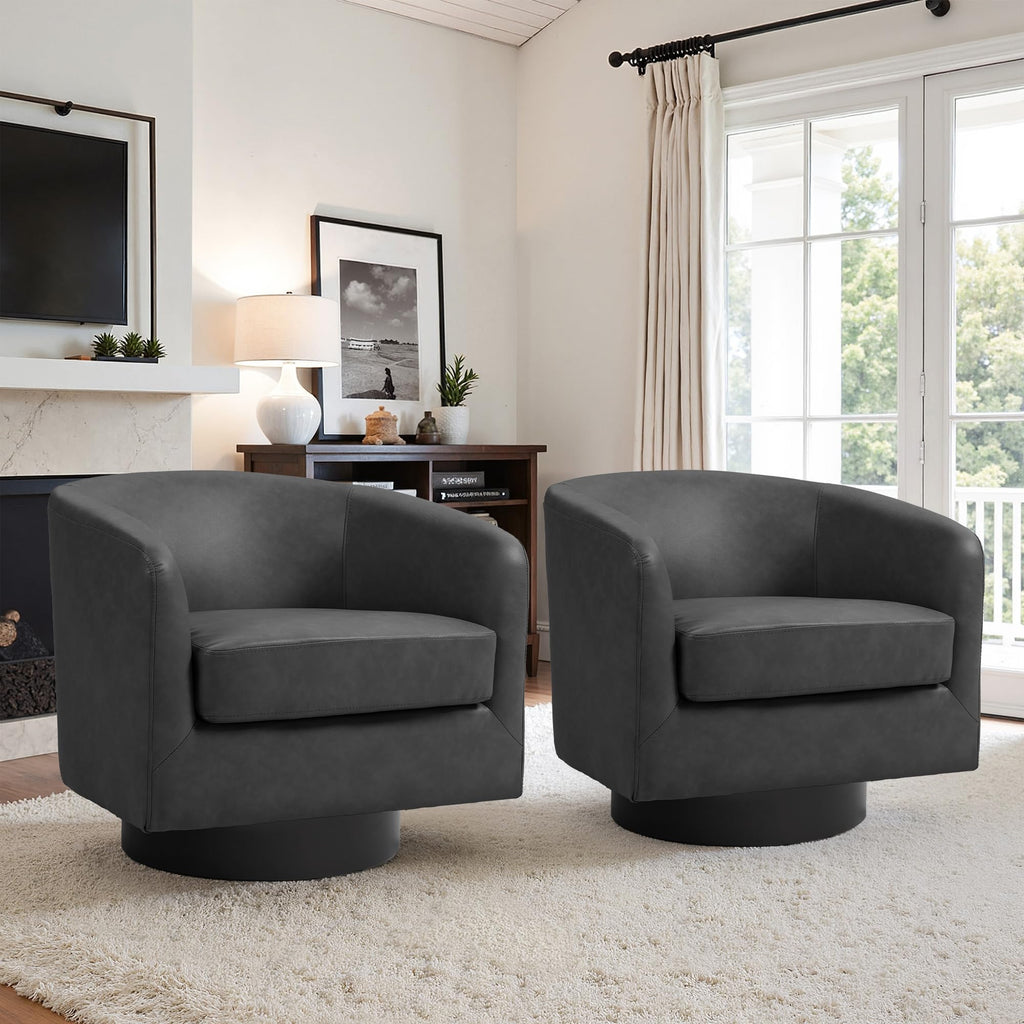 Faux Leather Swivel Accent Chairs Set of 2, Barrel Armchair, Brown