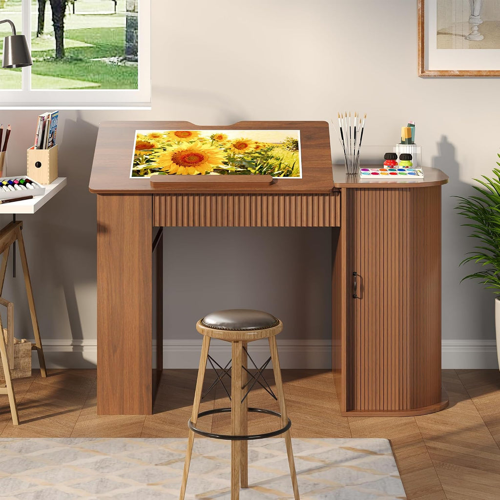 Drafting Table with Storage Cabinet & Drawers, Crafting Table with Open Shelves, Fluted Drawing Desk Computer Desk for Artists, Painters, Drawing, Crafting, Reading, Writing, Working