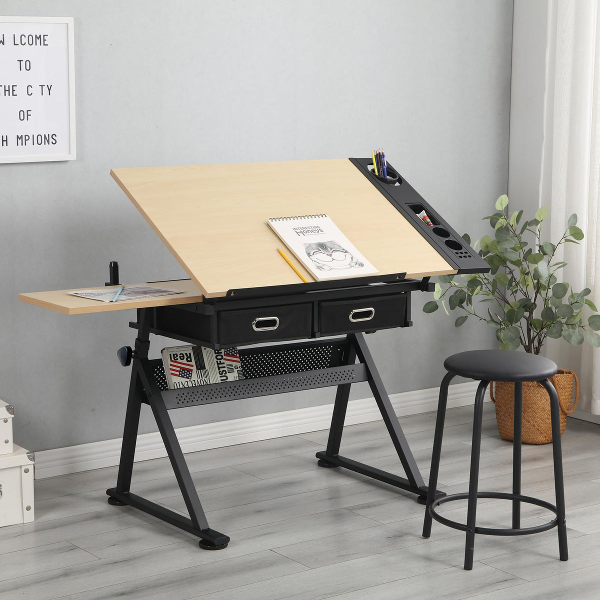 Drafting Table, Drawing Desk for Artists Adults Architect, Art Desk with Stool and 3 Non-Woven Storage Drawers, Height Adjustable Tilted Tabletop, Painting Studio Design Work Station, Rustic Brown
