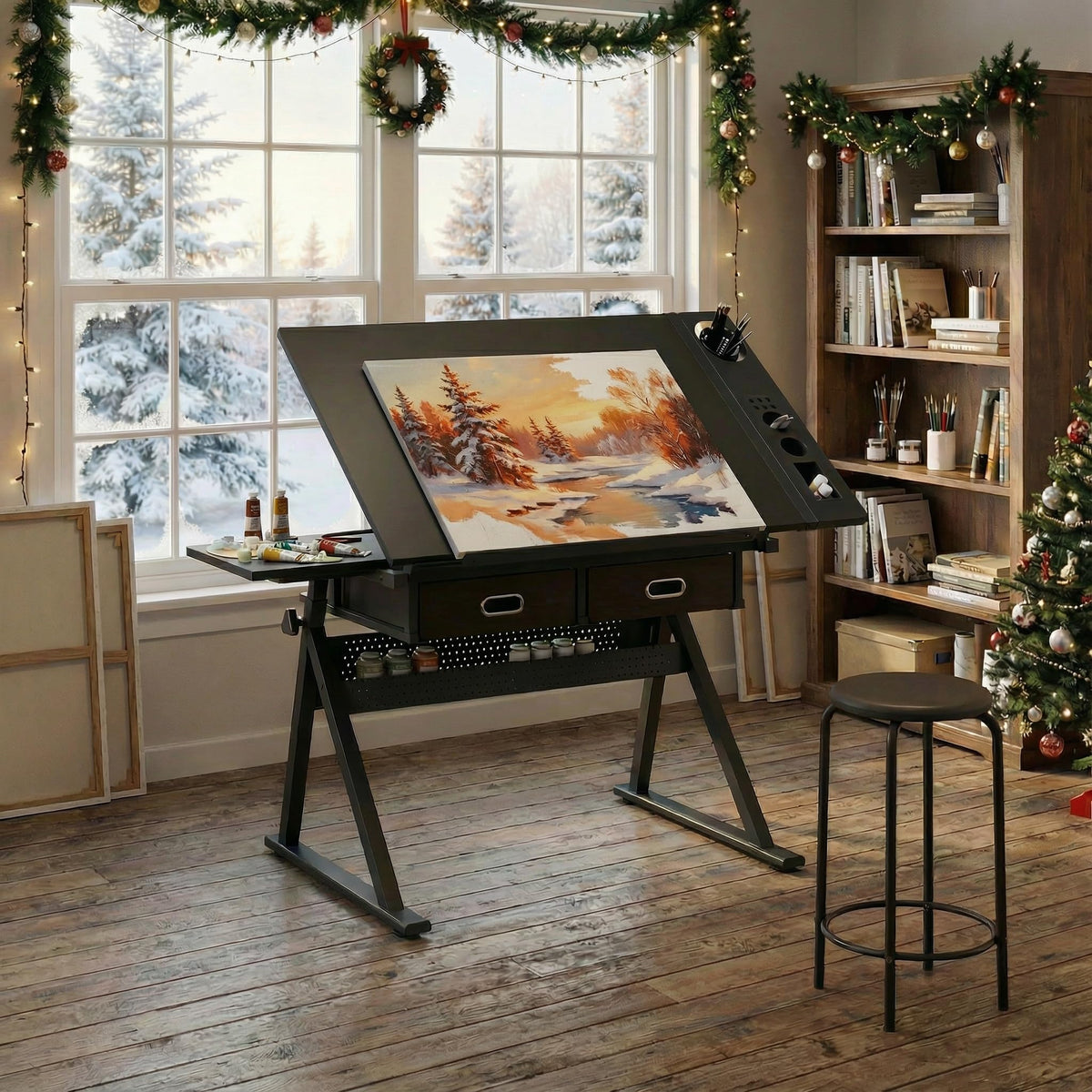Height Adjustable Drafting Table with Stool, Drawing Art Desk with 2 Drawers, Artist Table with 75Â° Tilted Tabletop, Sketching Painting Artwork Station for Home Office School Reading, Crafting, White