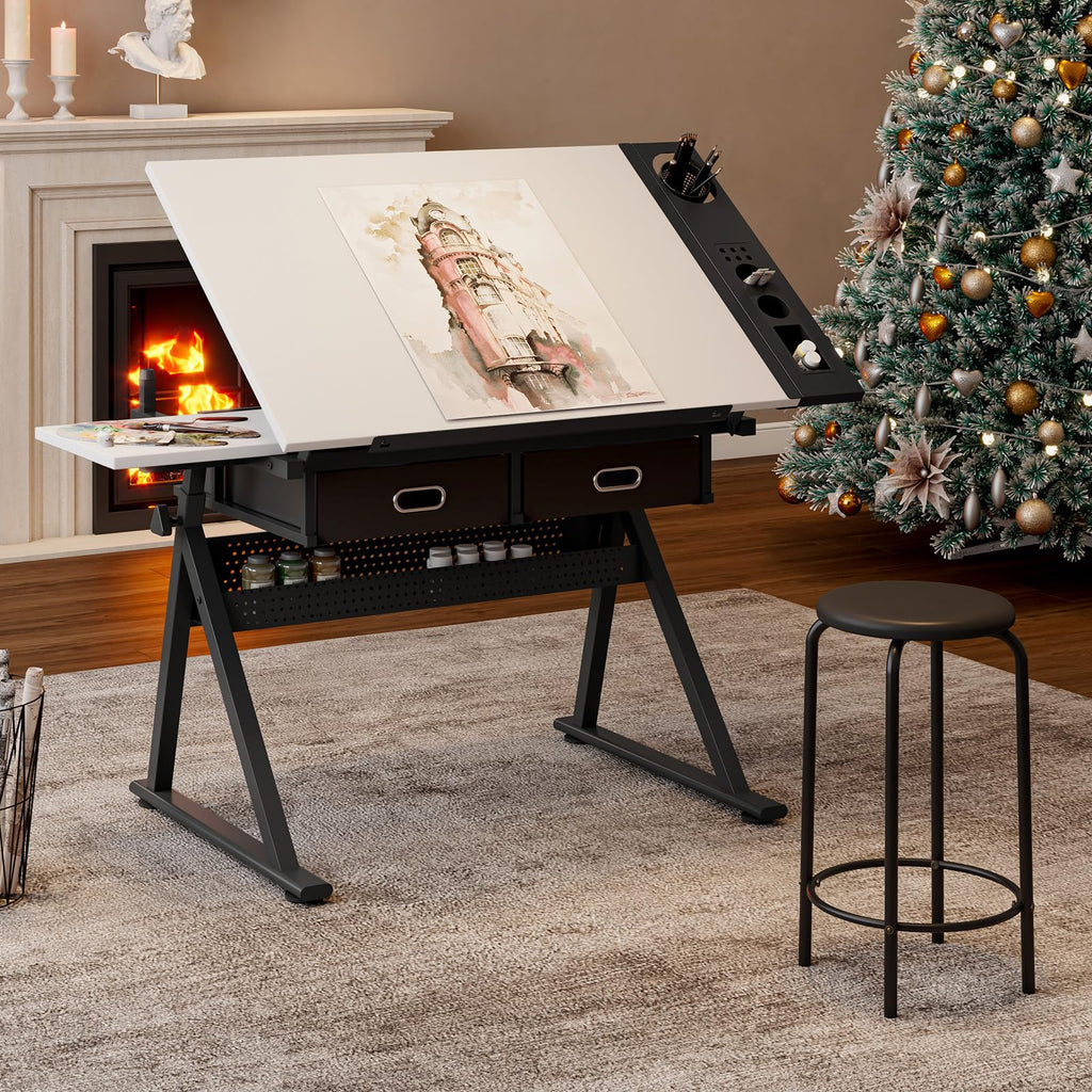 Drafting Table and Stool Set for Adults/Artists, Drawing Table with Adjustable Tabletop and Height, Art Workstation for Painters Crafting Reading Writing Home Office, All White