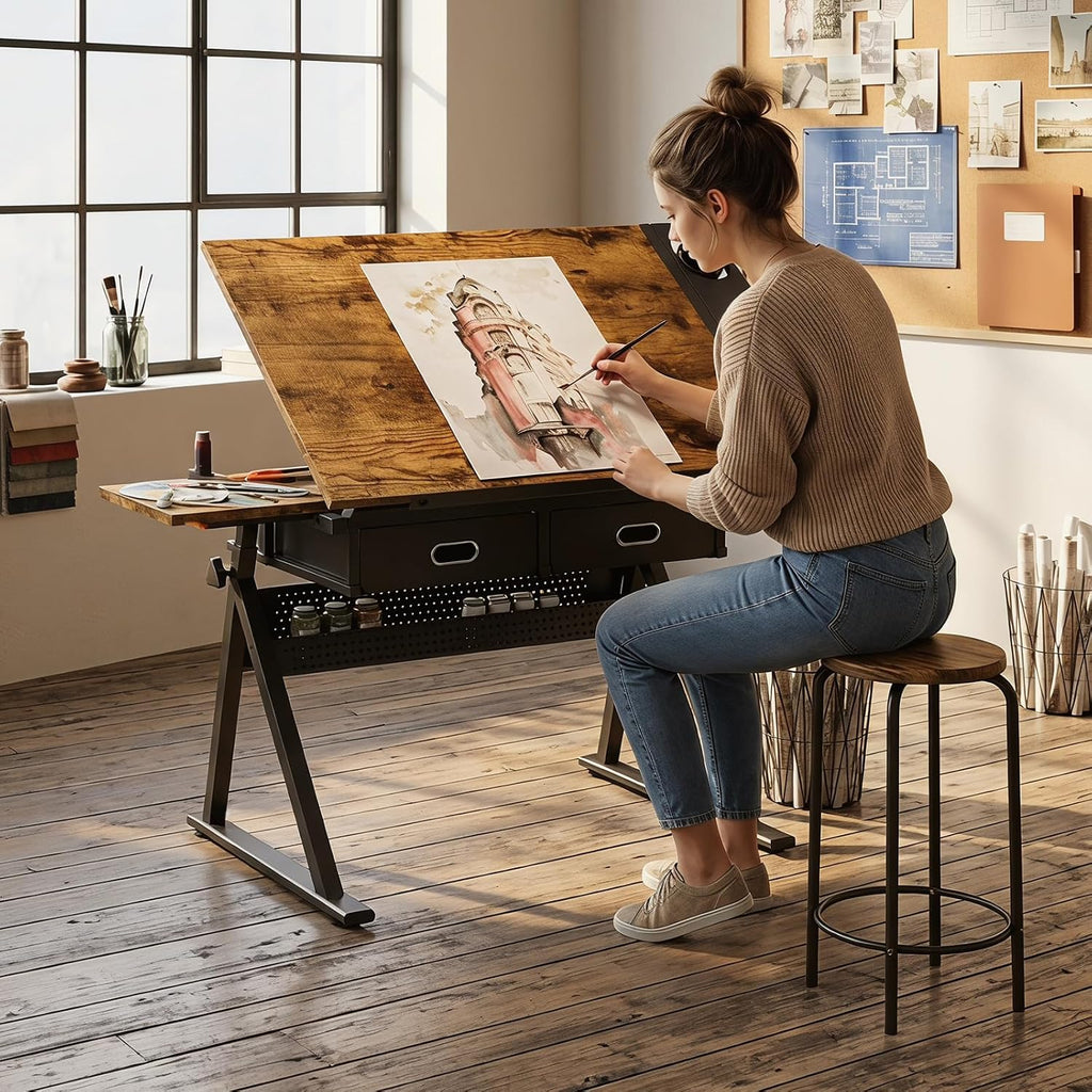Height Adjustable Drafting Table w/Stool, Painting Table Art Craft Desk Crafting Drawing Desk with Tilting Tabletop, 2 Storage Drawers for Artist Painters (Rustic Brown)