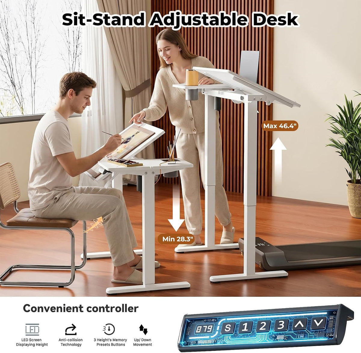 JOY worker Electric Drafting Table, 40Ã20" Height Adjustable White Art Desk
