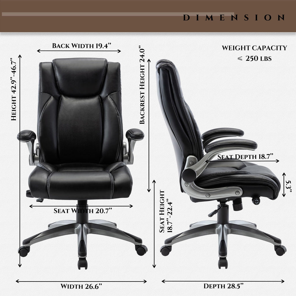 COLAMY High Back Executive Office Chairs, Ergonomic PU Leather Desk Chairs with Flip-Up Armrests, Adjustable Height, Lumbar Support, Comfortable Computer Chairs for Home Office, Set of 2