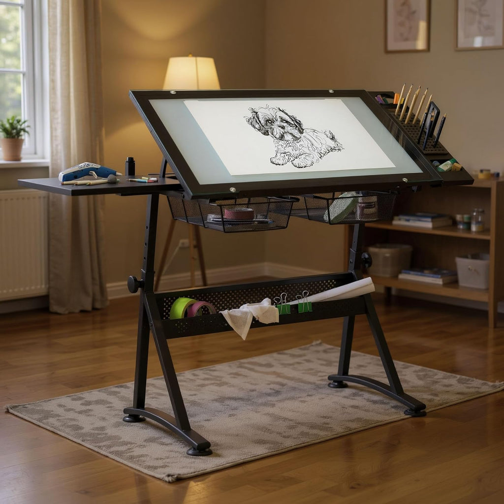 Studio Designs Fusion Drafting Table with Integrated LED Light Pad, Height & Angle Adjustable Tempered Glass Light Table, Artograph Light Pad, Storage Drawers & Side Shelf