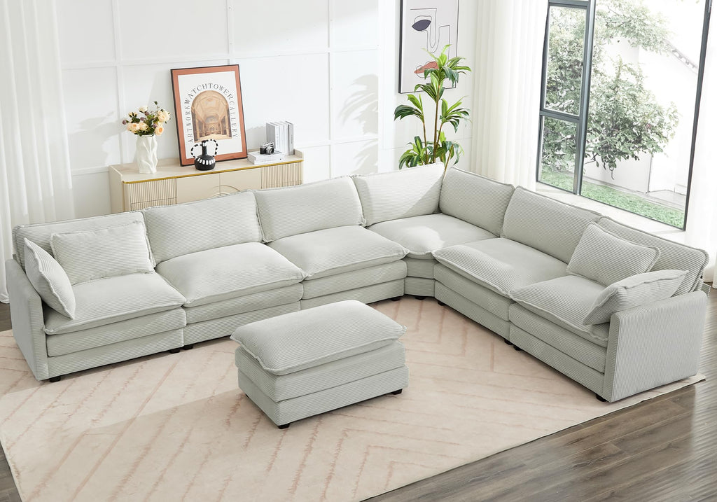 ROWHY 41'' Single Armchair with Ottoman, Modern Corduroy Cloud Couch with Convertible Chaise, Upholstered Sofa Set for Living Room, Green