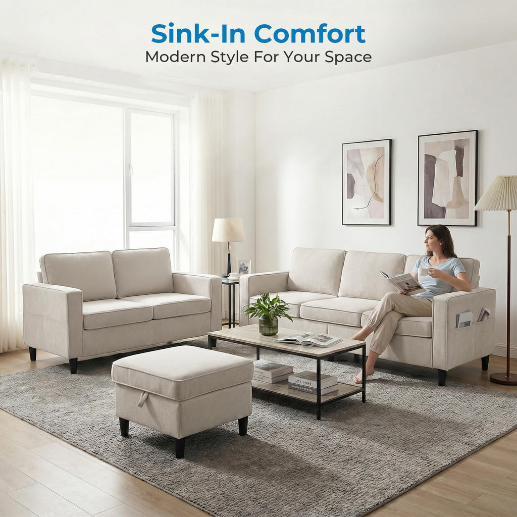 Mjkone 78"W 3 Pieces Sofa Couches Set for Living Room Sets Furniture, Sectional L Shaped 3-Seater Small Sofas Couch and Loveseat Sets with Storage Ottoman and Side Pockets for Home Office, Light Gray