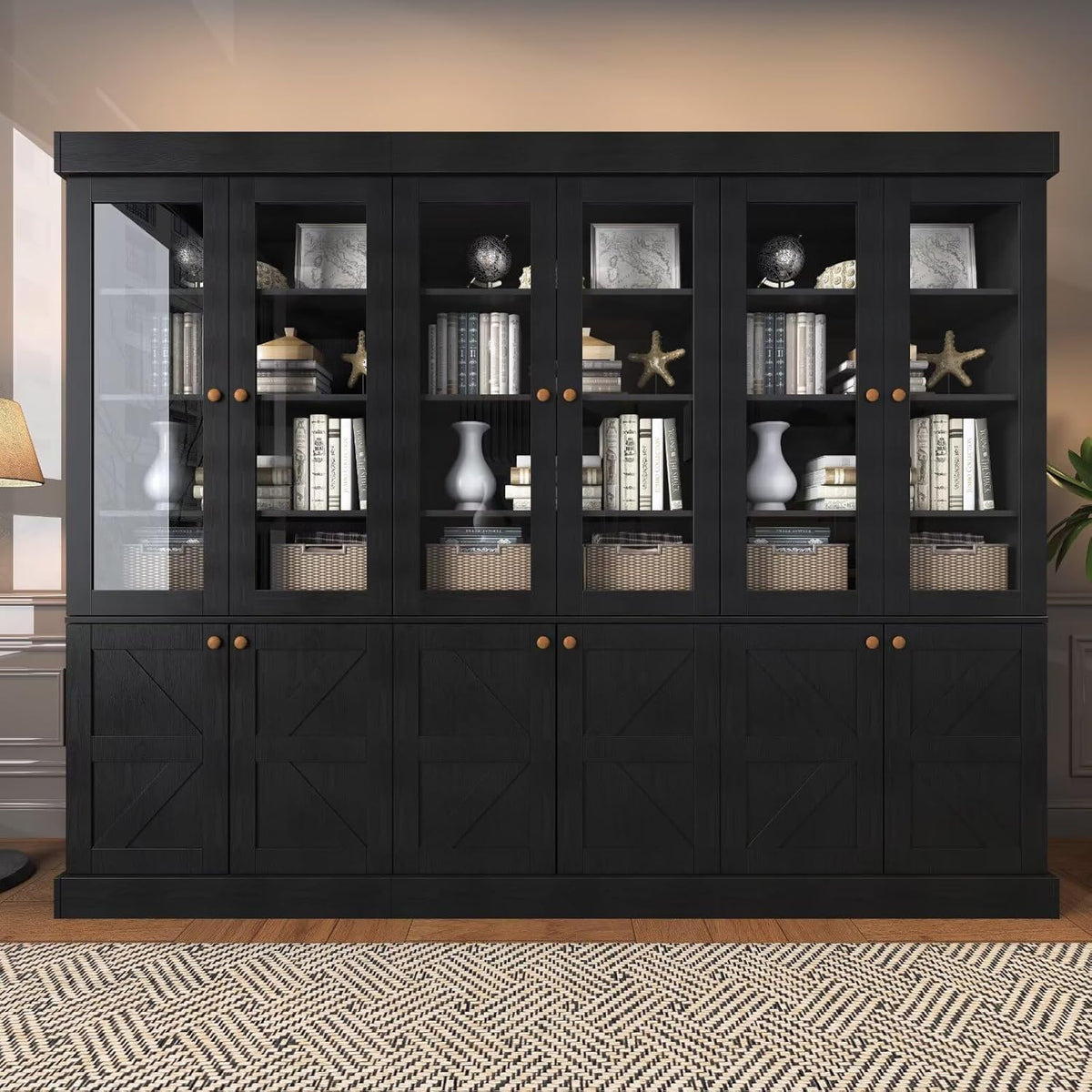 Vyre 71" Tall Farmhouse Bookshelves with Drawers, Set of 3 â Large Modular Bookcase with Adjustable Shelves, Storage Cabinet for Living Room, Kitchen, Home Office, Brown