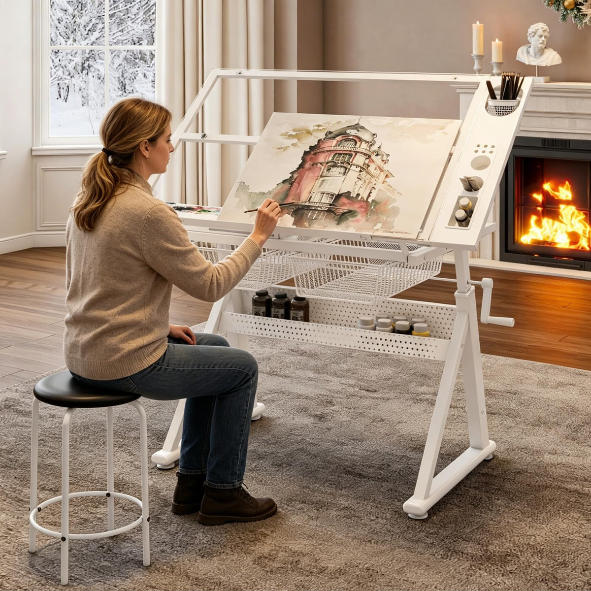 Drafting Table for Artists, Glass Drawing Table with Stool,T1-Black