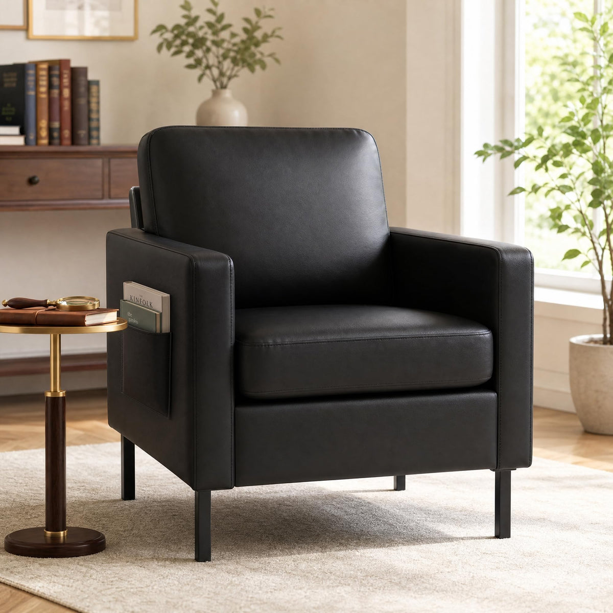 Mid Century Black Leather Mordern Accent Chairs Set of 2 for Living Room