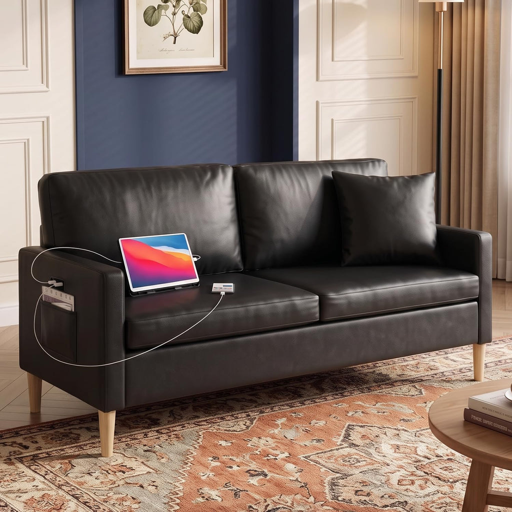3 Piece Black Faux Leather Modern Small Couch and Chair Set for Office