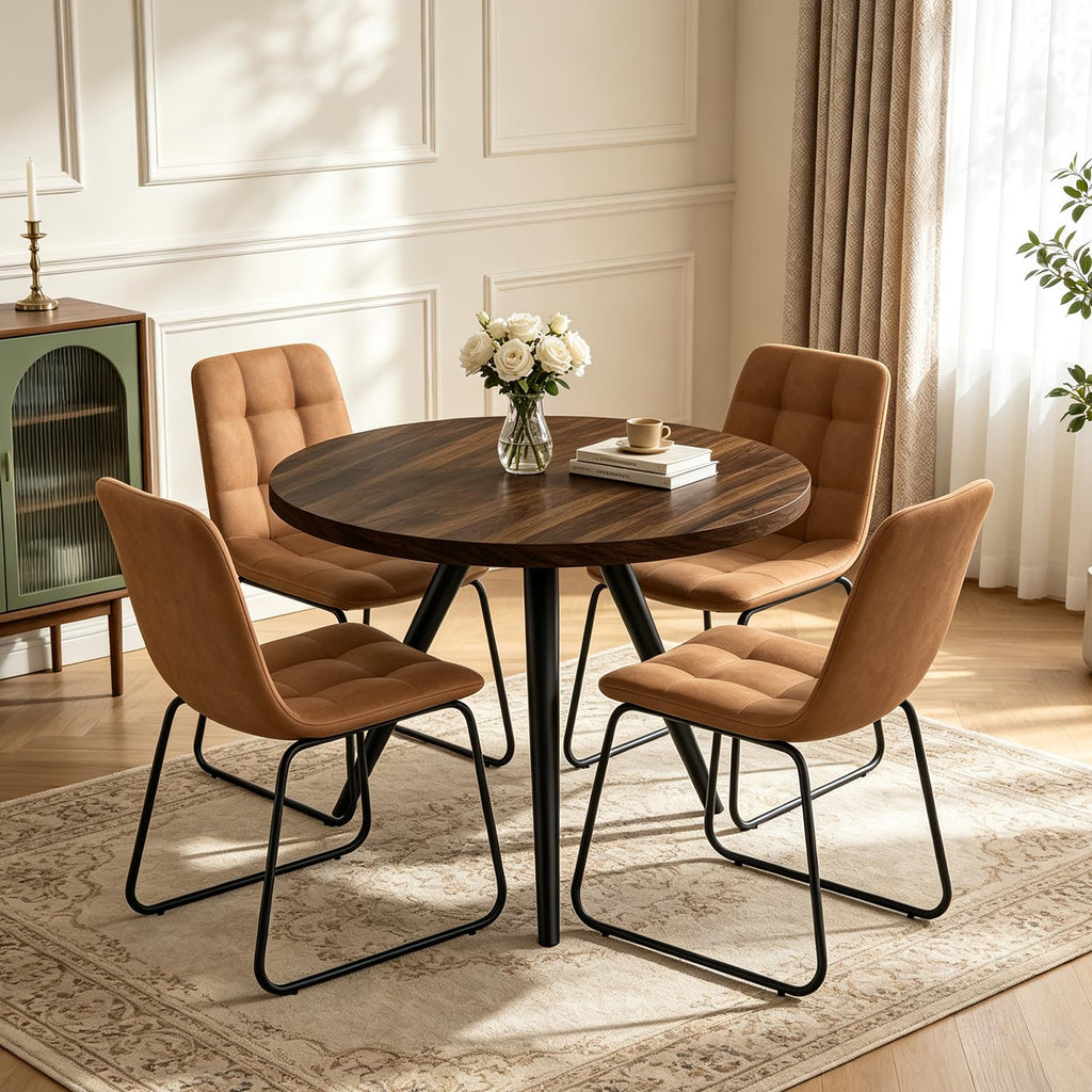 34.6" Round Dining Table Set for 4, Modern Kitchen Coffee Table Set, Walnut