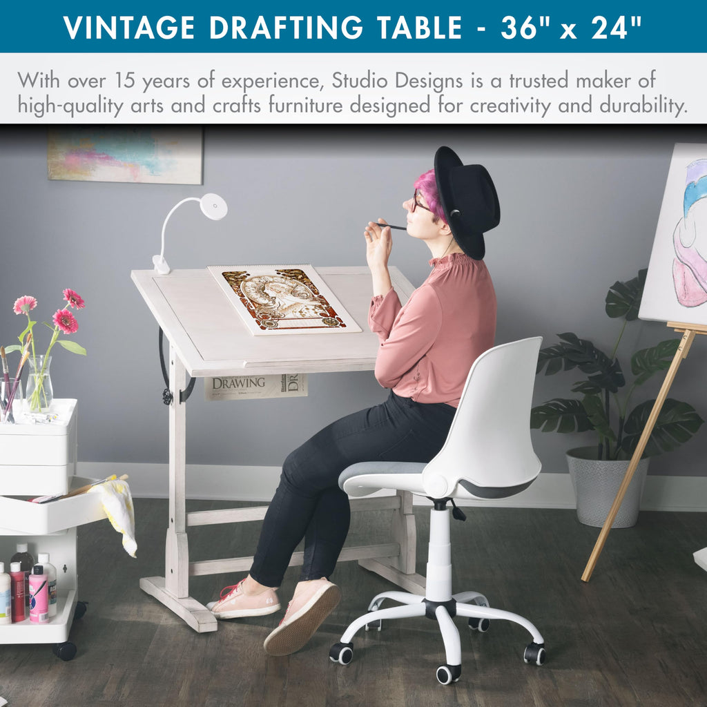 Studio Designs Vintage Drafting Table - Antique Design Solid Wood Drafting Table with Built-In Pencil Groove and Pencil Ledge - Angle Adjustable Work Surface