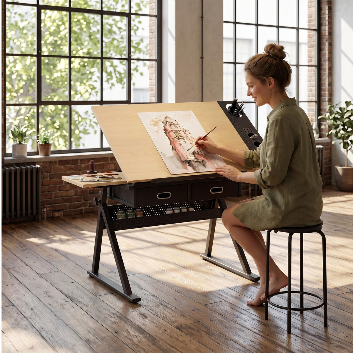 Drafting Table with Stool Height Adjustable Art Craft Desk with Storage, Tilting MDF Tabletop, Expansion Board, Drawing Table for Home Office, Artists, Painters (Rustic Brown)