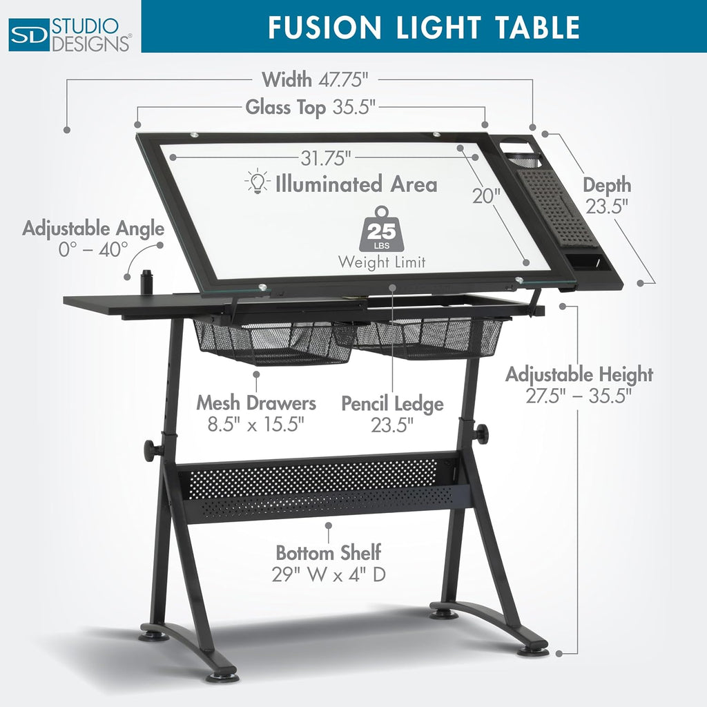 Studio Designs Fusion Drafting Table with Integrated LED Light Pad, Height & Angle Adjustable Tempered Glass Light Table, Artograph Light Pad, Storage Drawers & Side Shelf