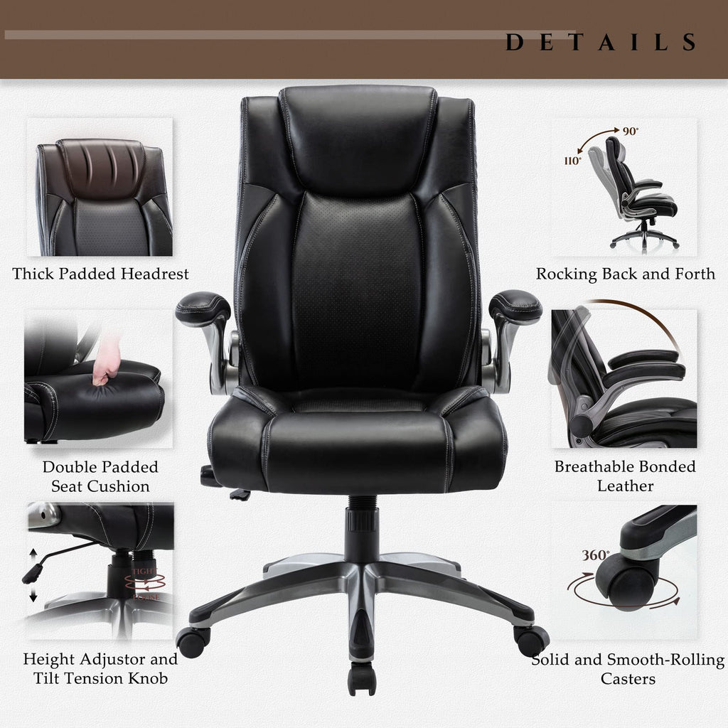 COLAMY High Back Executive Office Chairs, Ergonomic PU Leather Desk Chairs with Flip-Up Armrests, Adjustable Height, Lumbar Support, Comfortable Computer Chairs for Home Office, Set of 2