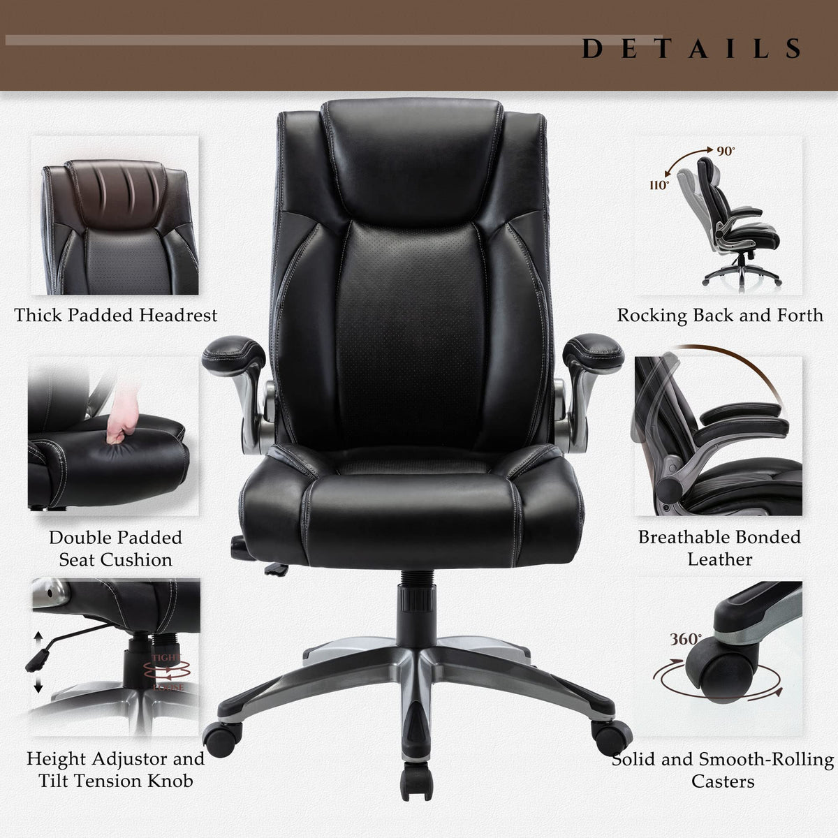 COLAMY High Back Executive Office Chairs, Ergonomic PU Leather Desk Chairs with Flip-Up Armrests, Adjustable Height, Lumbar Support, Comfortable Computer Chairs for Home Office, Set of 2