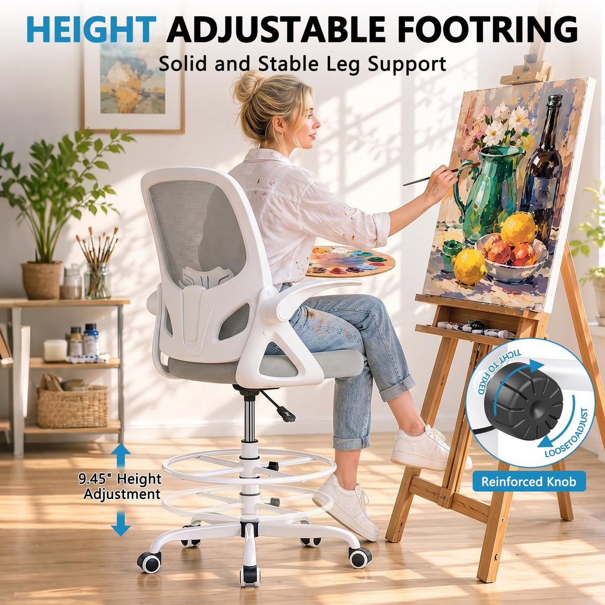 Kensaker Drafting Chair Tall Office Chair, Ergonomic Standing Desk Chair with Adjustable Foot Ring and Flip-up Armrests, Mesh Computer Chair for Art Studio, 300 LBS, Black