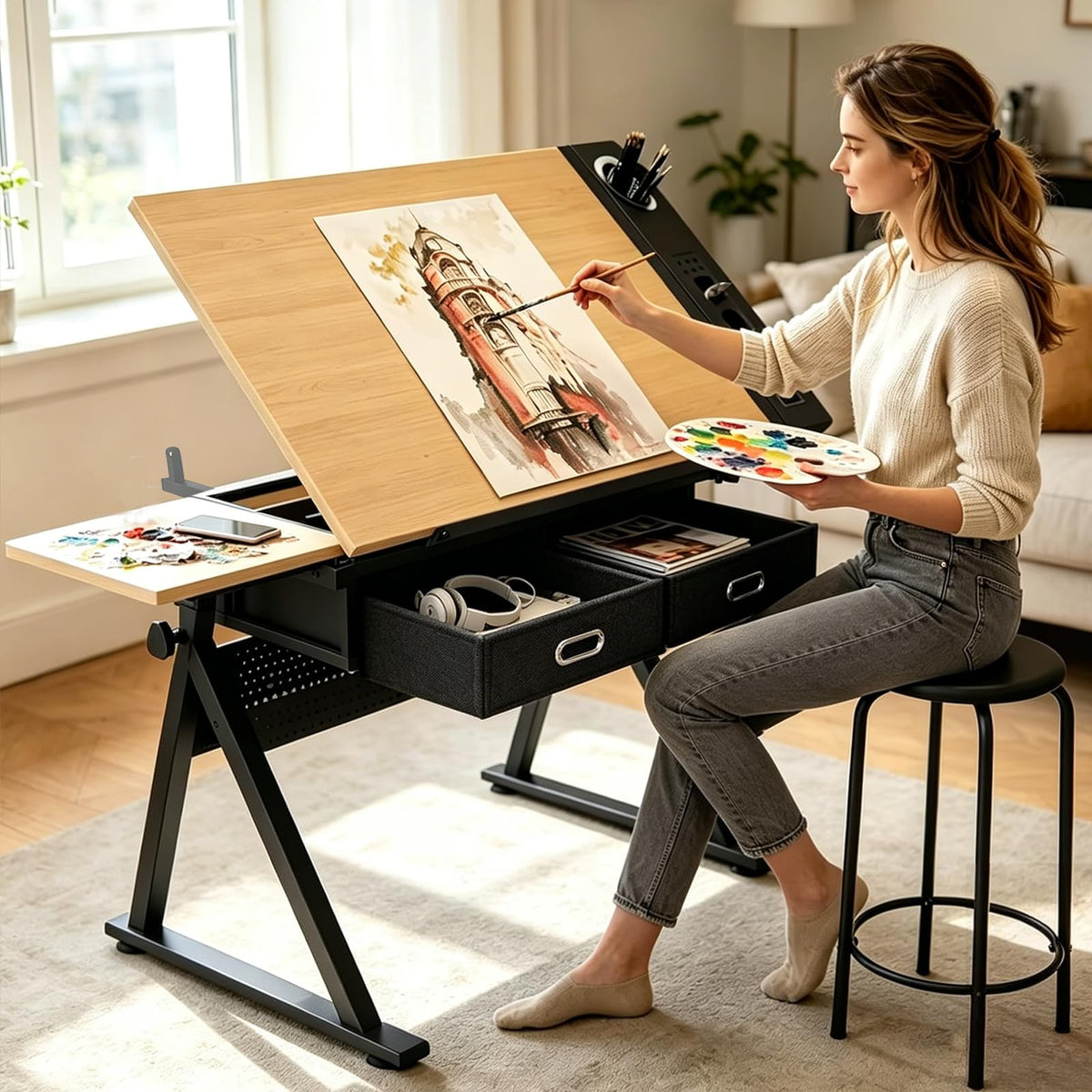 Height Adjustable Tilt Drafting Table with 2 Storage Drawers & Stool Brown