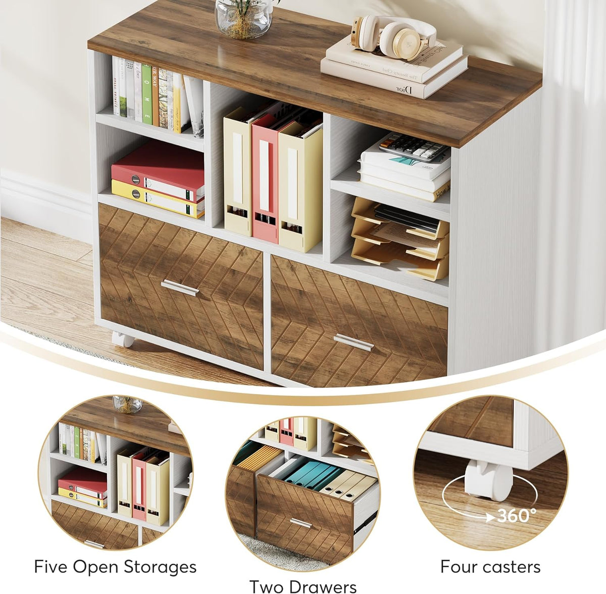 Tribesigns L-Shaped Executive Desk with Reversible File Cabinet, 63" Office Desk with Storage Drawers, Computer Desk Set (Oak Karo & White)