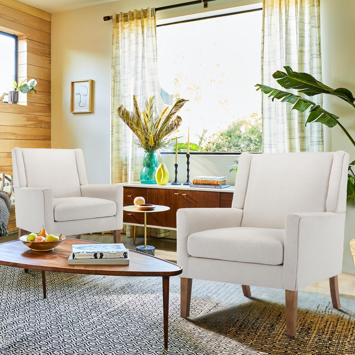 COLAMY Modern Wingback Living Room Chair, Upholstered Fabric Accent Armchair, Single Sofa Chair with Lounge Seat and Wood Legs for Office/Bedroom/Reading Spaces, Beige