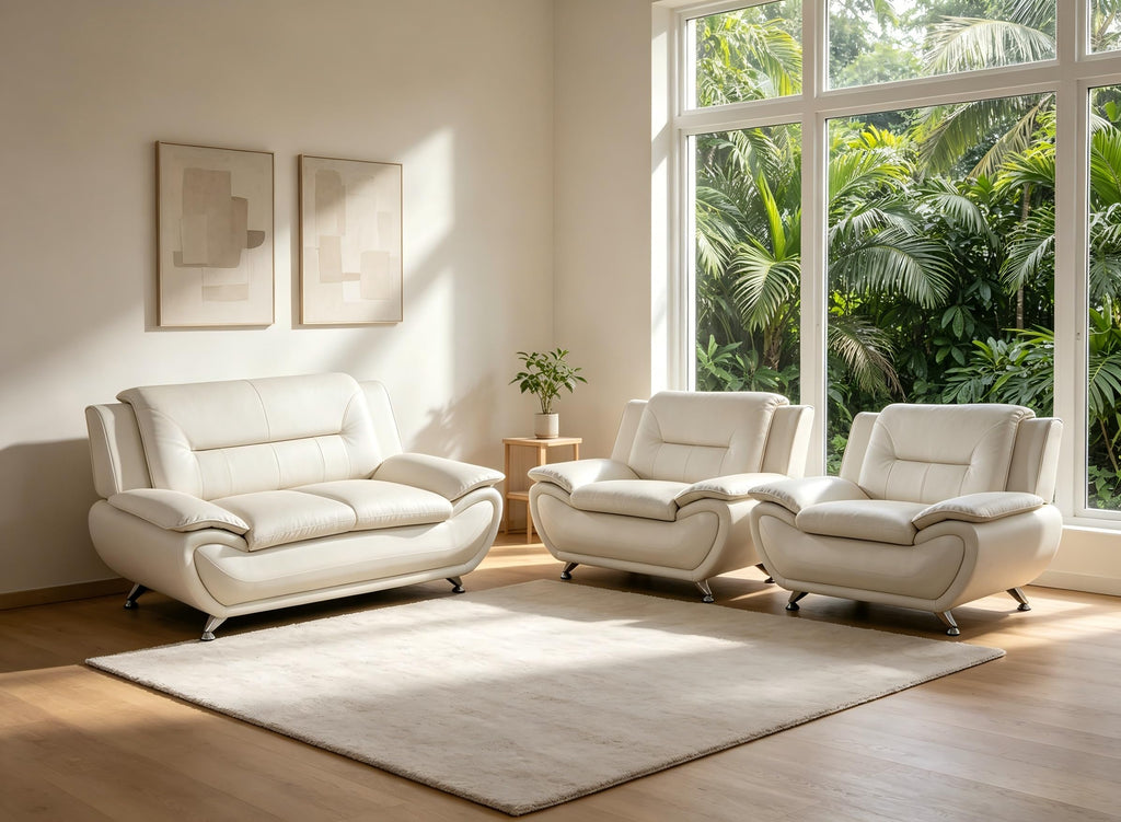 Creamy White Living Room Furniture Set, 2-Piece Modern Faux Leather Couches for Home, Living Room Sofa Sets, 3-Seater Sofa and Loveseat with Metal Feet, Couch Set for Bedroom, Hotel, Office