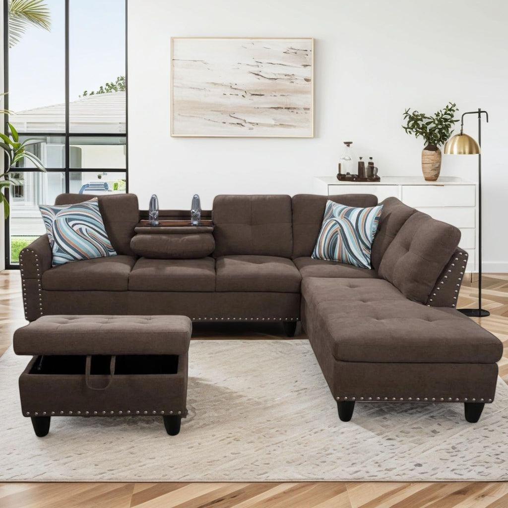 97.5" Leather L Shaped Couch with Left Chaise & Cup Holder, Sectional Sofas Modular Furniture Set with Storage Ottoman, Convertible Couches for Living Room, Office & Small Space (Black)