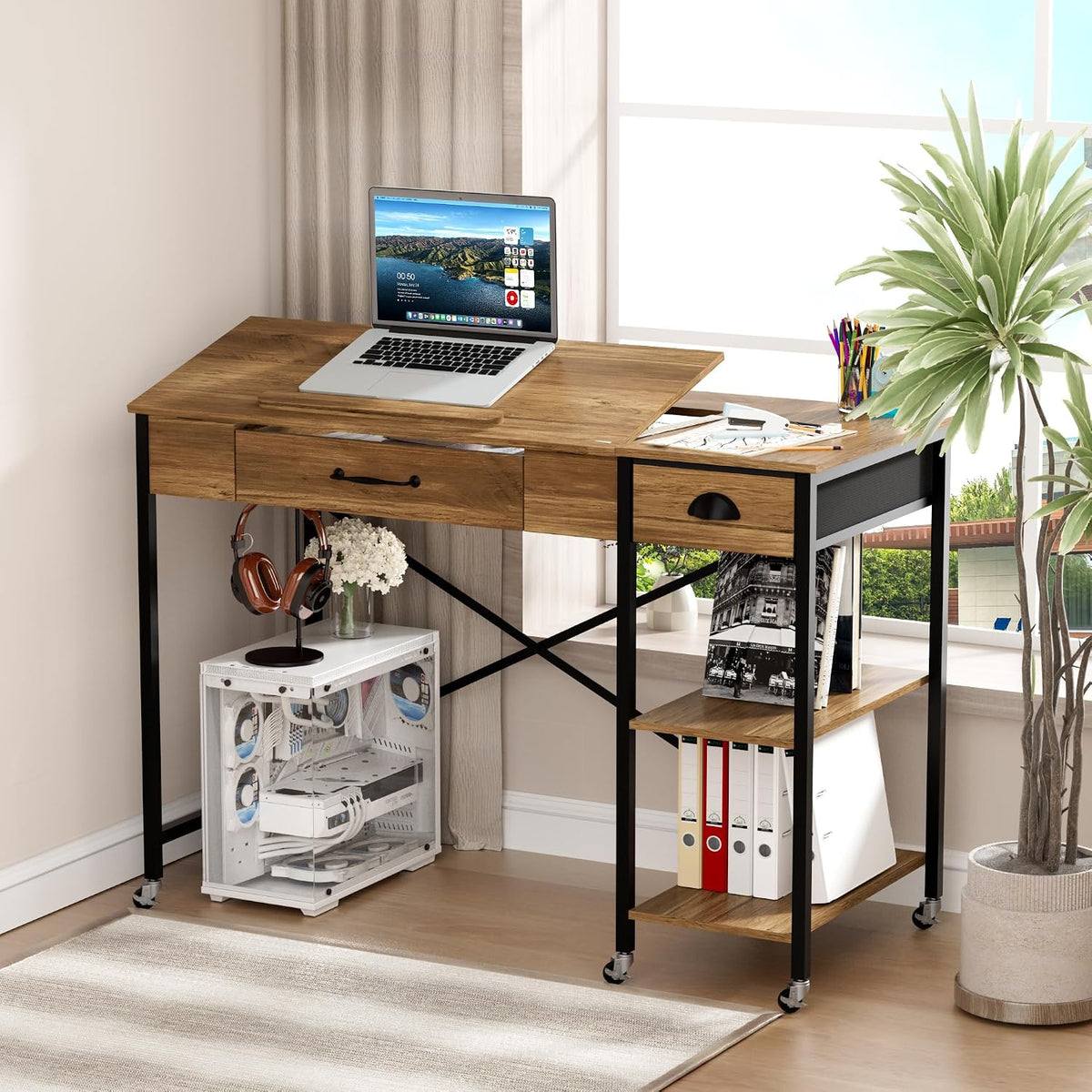 Rolling Drafting Table, Crafting Table with Storage, Computer Desk ï»¿