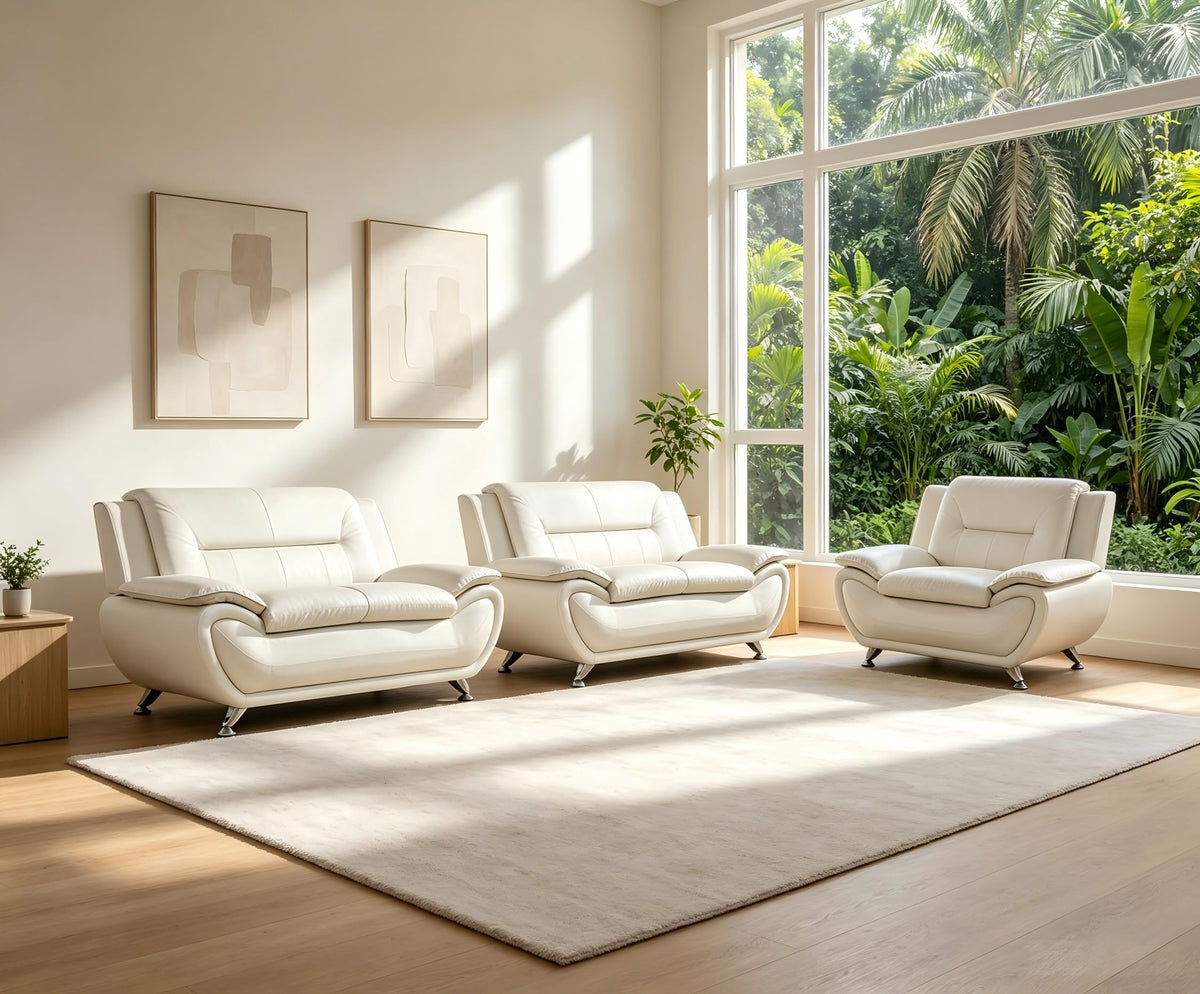 Creamy White Living Room Furniture Set, 2-Piece Modern Faux Leather Couches for Home, Living Room Sofa Sets, 3-Seater Sofa and Loveseat with Metal Feet, Couch Set for Bedroom, Hotel, Office