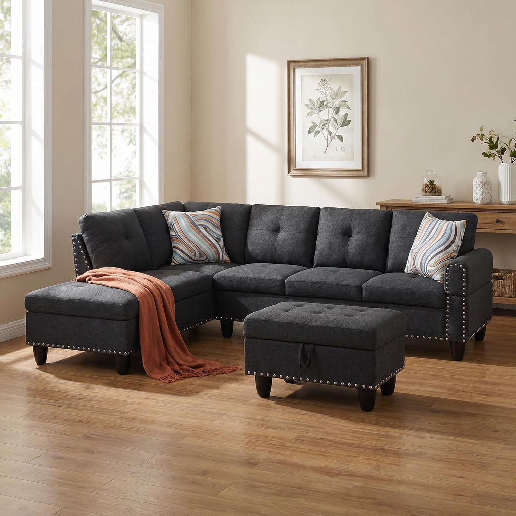 97.5" Leather L Shaped Couch with Left Chaise & Cup Holder, Sectional Sofas Modular Furniture Set with Storage Ottoman, Convertible Couches for Living Room, Office & Small Space (Black)