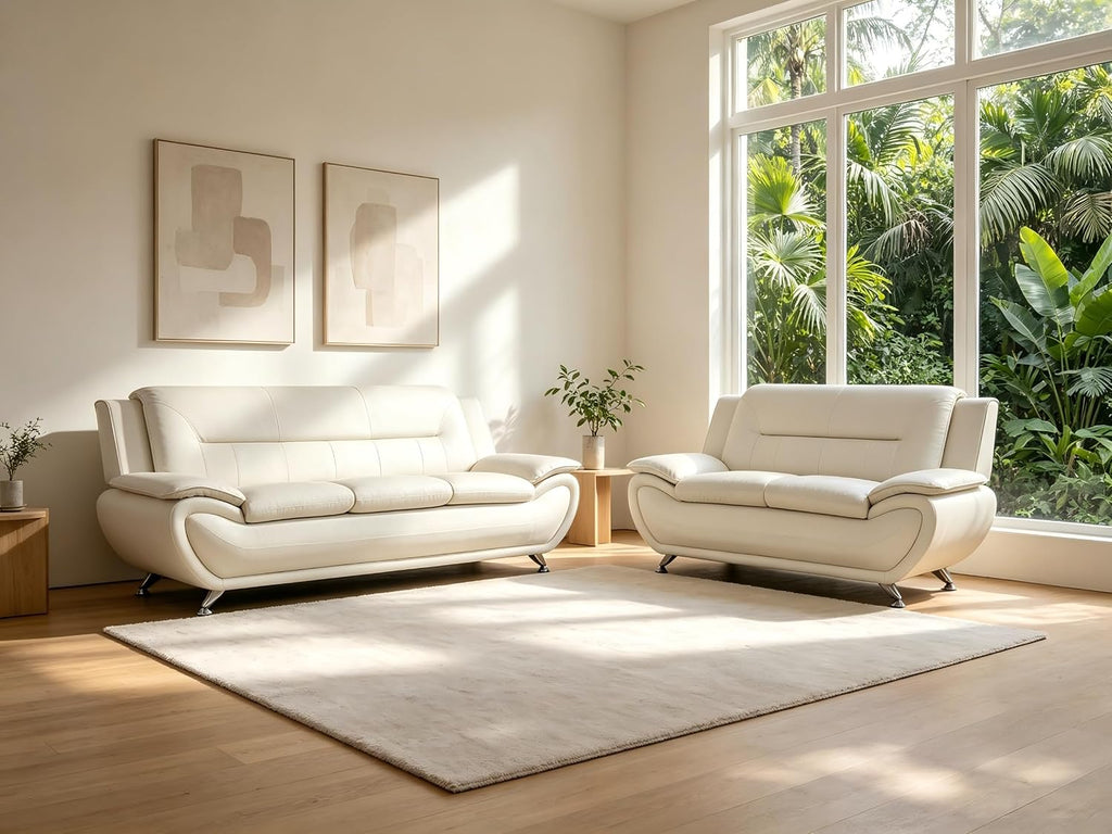 Creamy White Living Room Furniture Set, 2-Piece Modern Faux Leather Couches for Home, Living Room Sofa Sets, 3-Seater Sofa and Loveseat with Metal Feet, Couch Set for Bedroom, Hotel, Office