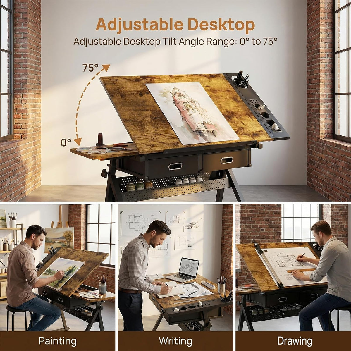 Drafting Table with Stool Height Adjustable Art Craft Desk with Storage, Tilting MDF Tabletop, Expansion Board, Drawing Table for Home Office, Artists, Painters (Rustic Brown)