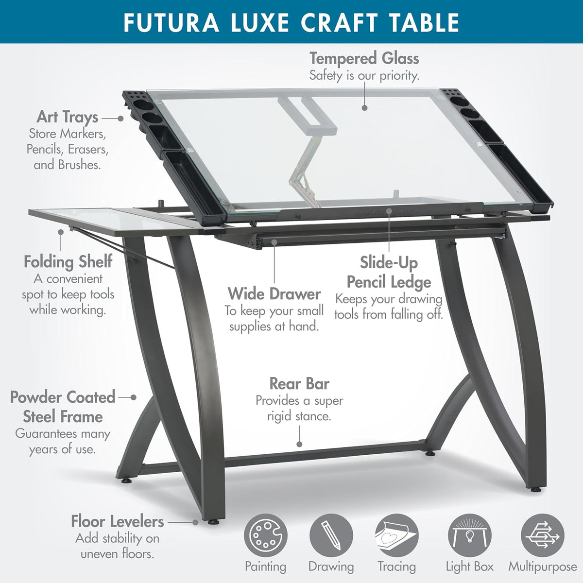 SD STUDIO DESIGNS Futura Luxe Drawing, Drafting, Craft Table with Drawer, 35" Wide Angle Adjustable Top and Side Shelf, Pewter Grey/Clear Glass