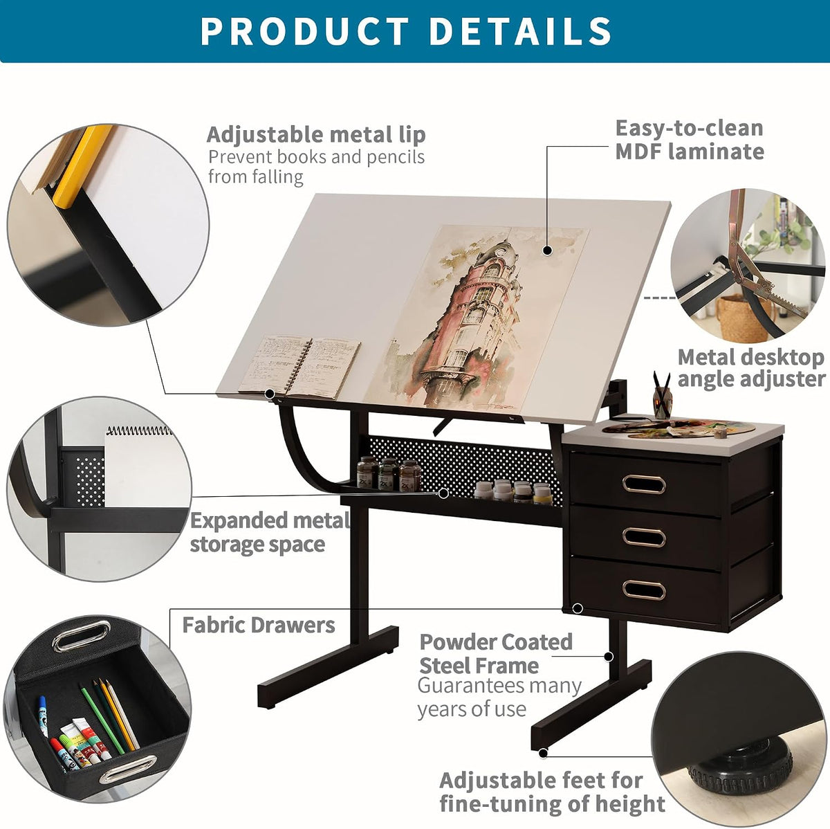 Adjustable Art Desk with Storage, 0-75Â° Tilting Drafting Table, 3 Drawers, Free Stool - Ideal for Diamond Painting, Architecture, Animation Projects (White)