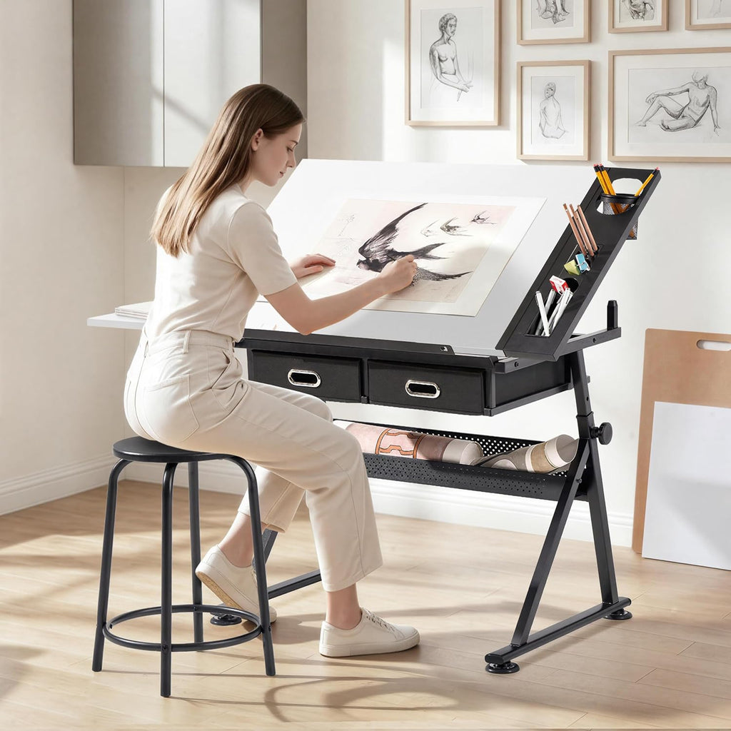 Yaheetech Adjustable Drafting Table Art Desk,Storage Drawers & Stool,White