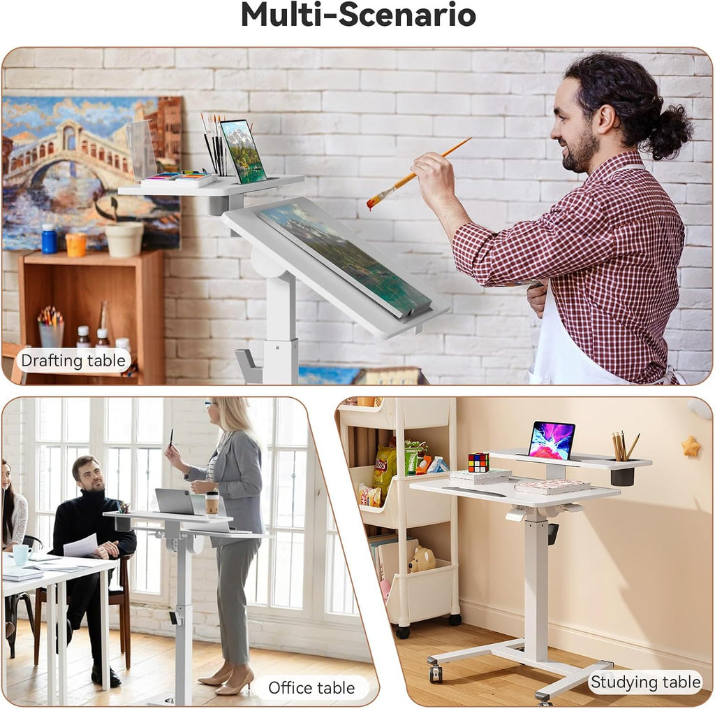 28" Mobile Standing Desk, Tiltable Top with 2-Tier Shelves, White