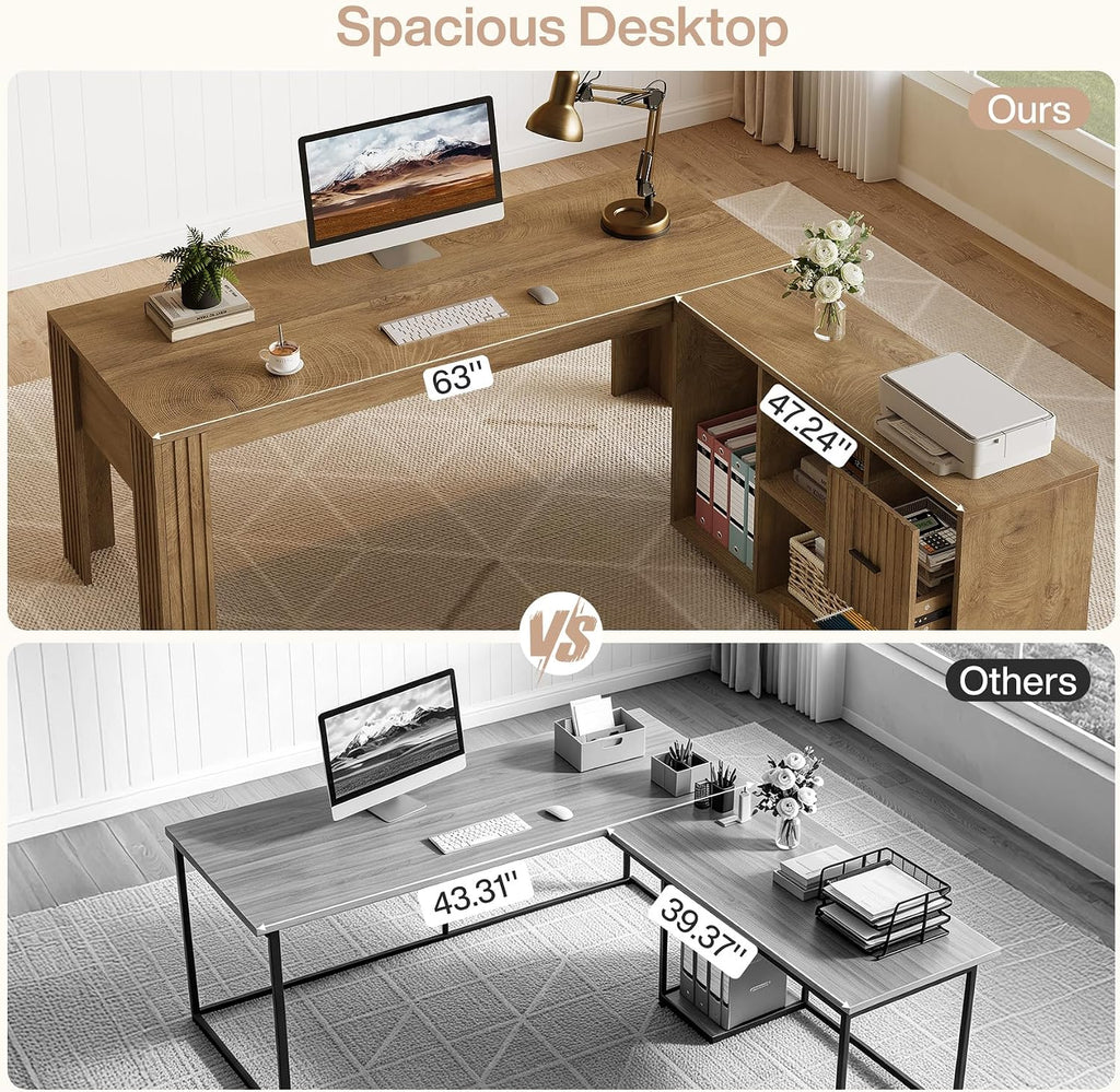 Tribesigns 63" L Shaped Executive Desk with Mobile File Cabinet, Brown