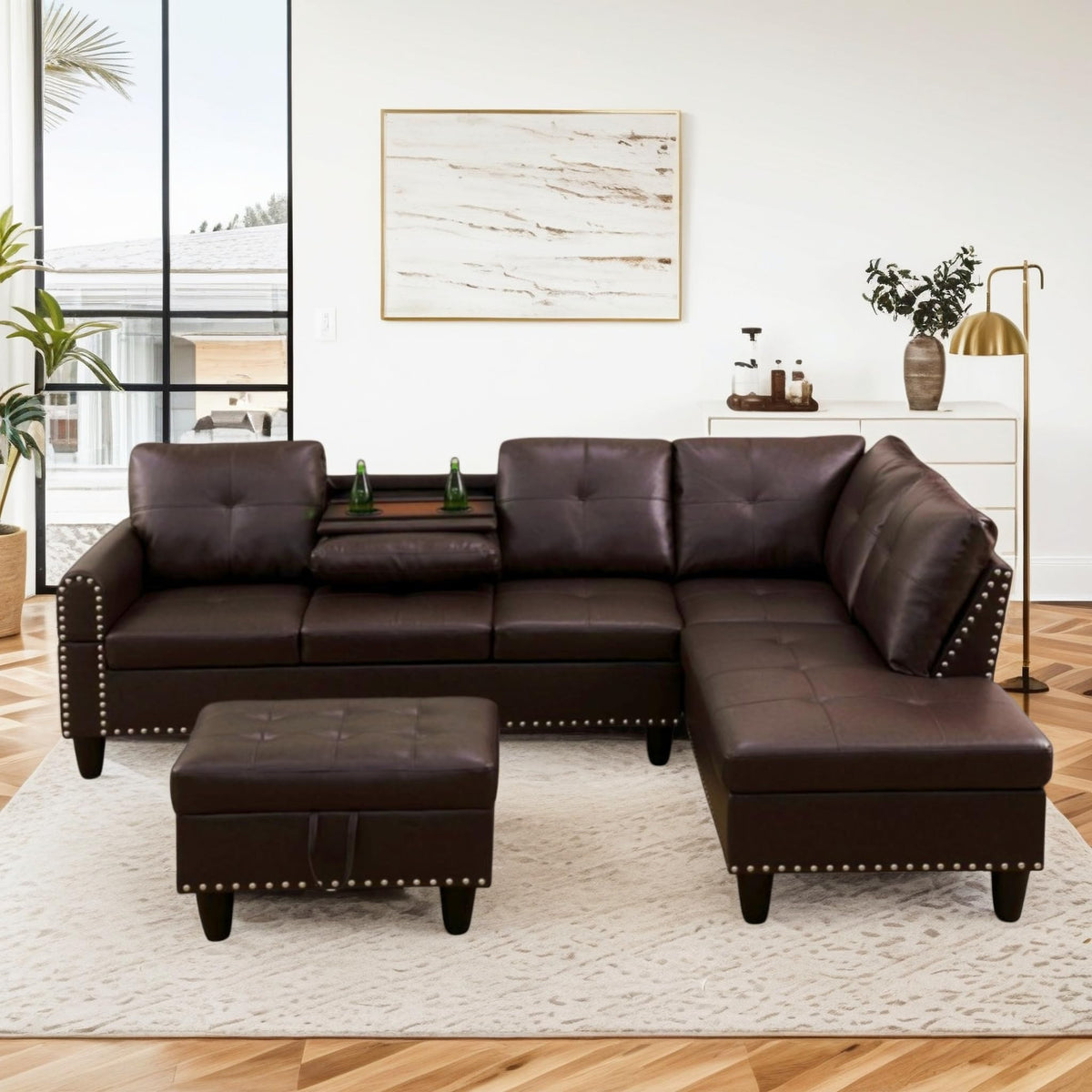 97.5" Leather L Shaped Couch with Left Chaise & Cup Holder, Sectional Sofas Modular Furniture Set with Storage Ottoman, Convertible Couches for Living Room, Office & Small Space (Black)