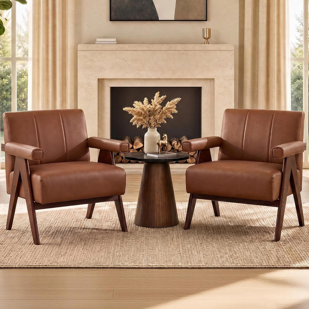 Mid Century Modern Black Faux Leather Accent Chair Set 2 Solid Wood Frame