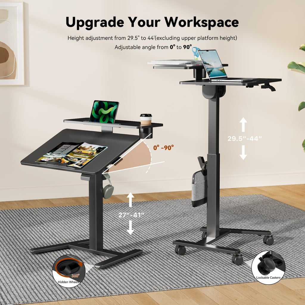 28" Mobile Standing Desk, Tiltable Top with 2-Tier Shelves, White