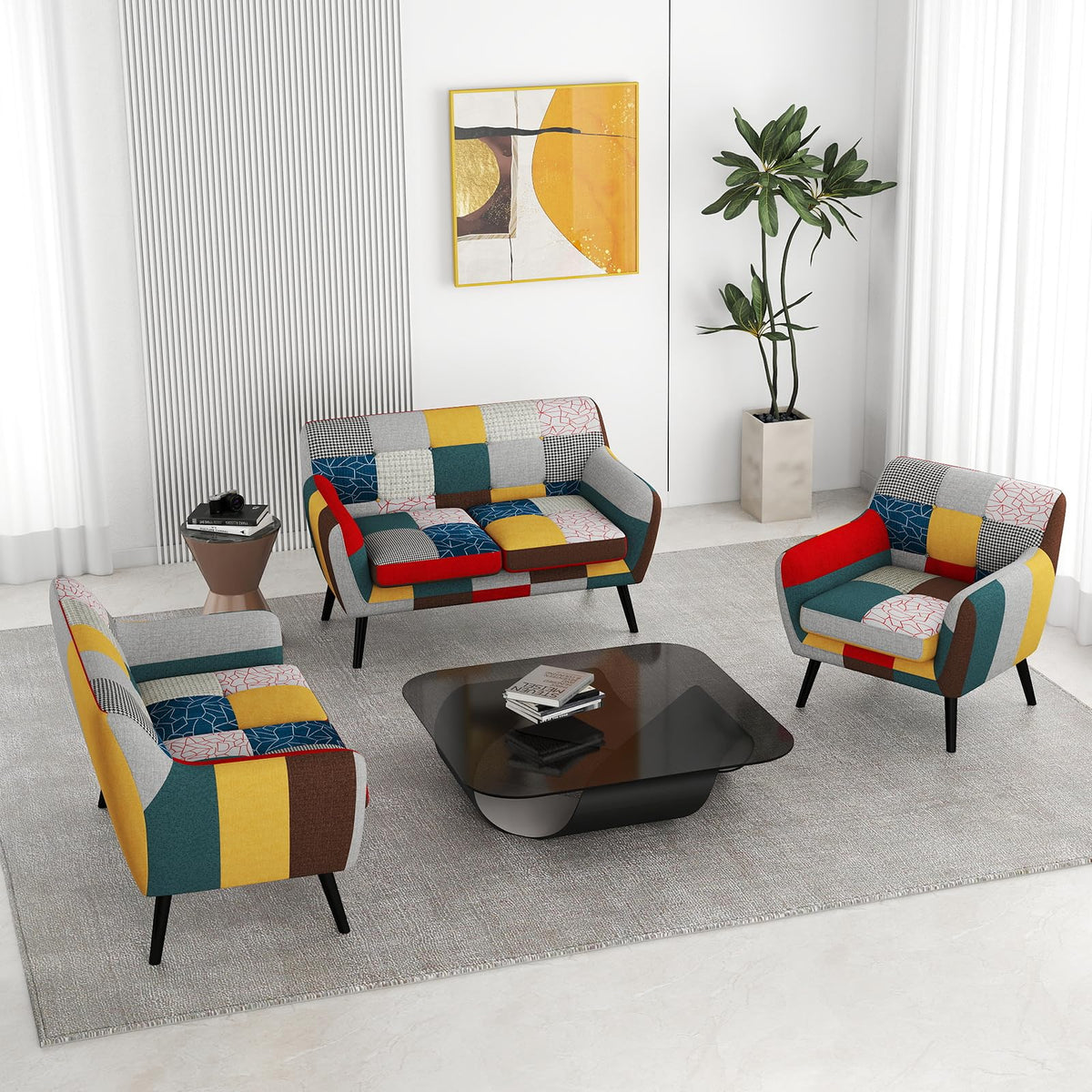 Bonzy Home Modern Colorful 2 Piece Coroful Fabric Sofa Set, Included Accent Chairs and Boho Loveseat Sofa, Linen Patchwork Plaid Couches with Rubberwood Legs and Removable Upholstered for Living Room