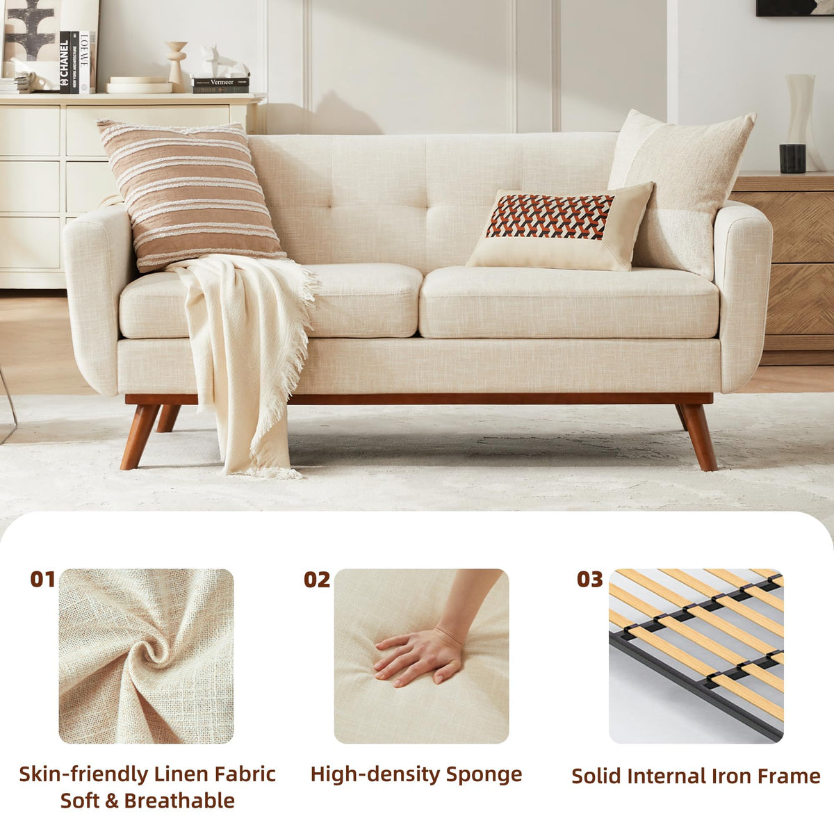 Kingfun 2 Piece Loveseat and Sofa Sets, Mid Century Modern Love Seat Couches for Living Room, Button Tufted Upholstered Furniture, Small Couch for Bedroom, Office, Beige