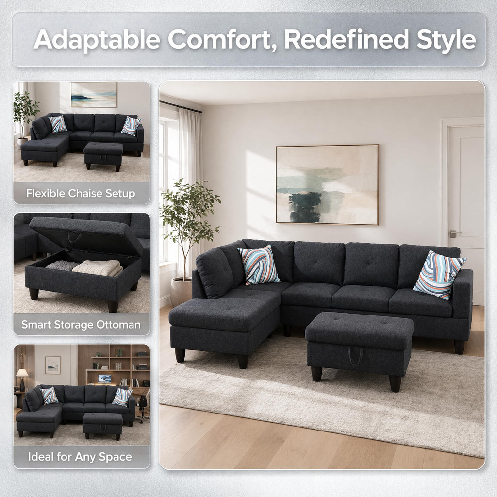 97.5" Leather L Shaped Couch with Left Chaise & Cup Holder, Sectional Sofas Modular Furniture Set with Storage Ottoman, Convertible Couches for Living Room, Office & Small Space (Black)