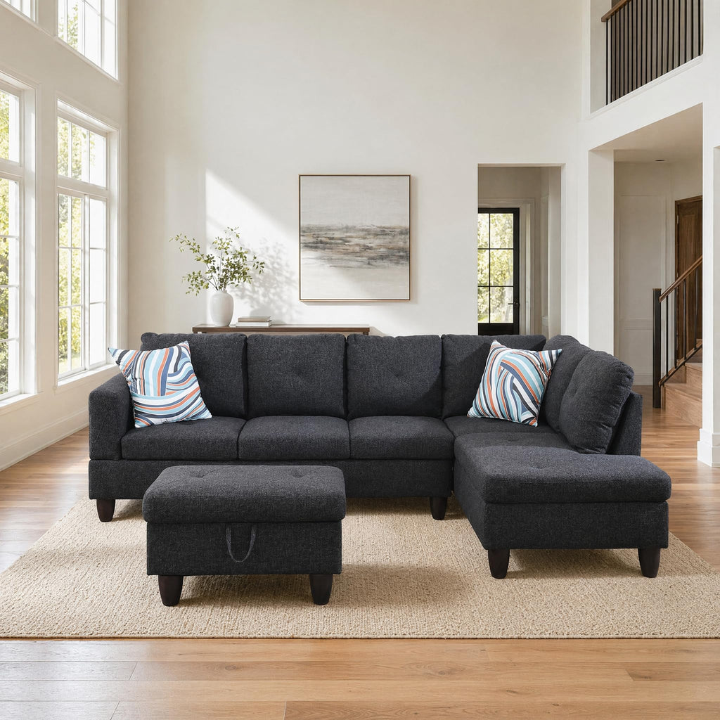 97.5" Leather L Shaped Couch with Left Chaise & Cup Holder, Sectional Sofas Modular Furniture Set with Storage Ottoman, Convertible Couches for Living Room, Office & Small Space (Black)