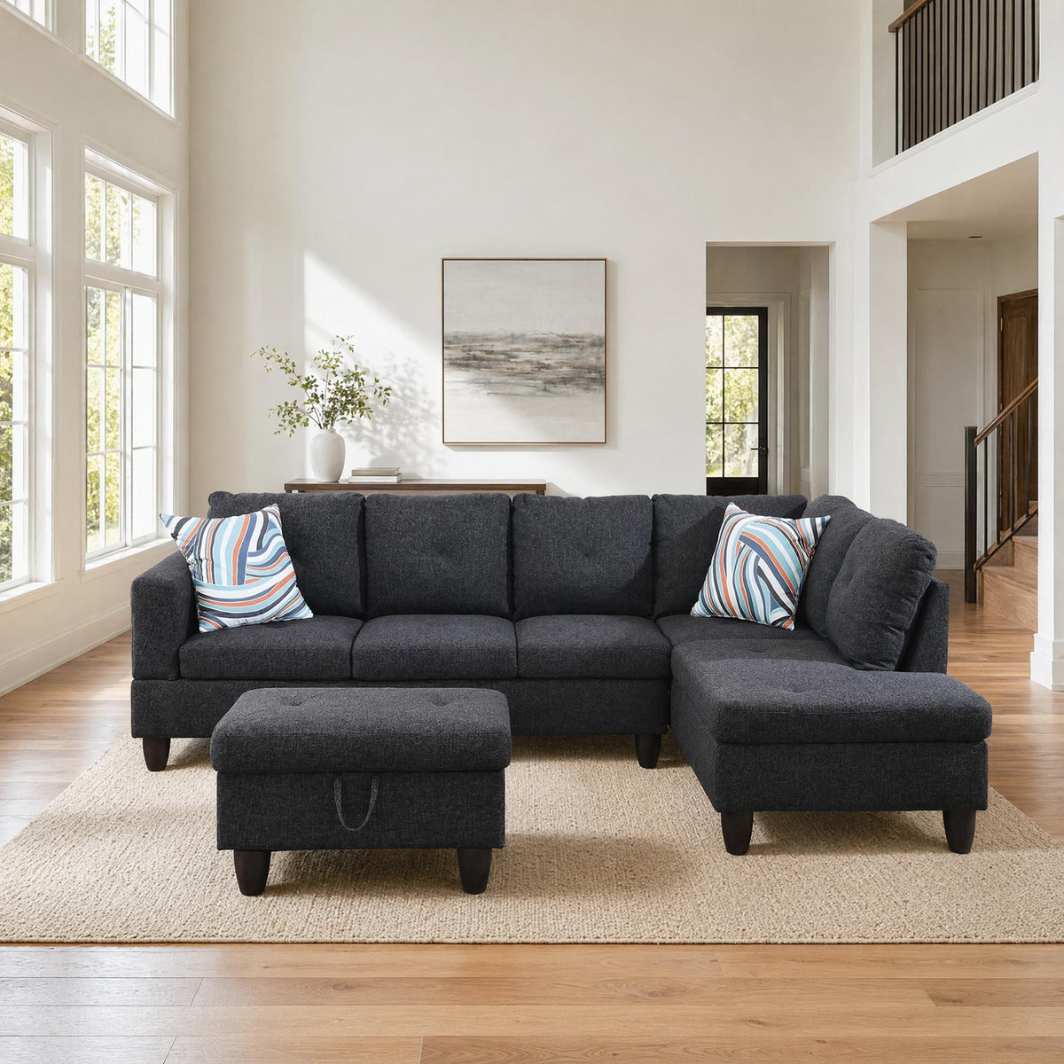 97.5" Leather L Shaped Couch with Left Chaise & Cup Holder, Sectional Sofas Modular Furniture Set with Storage Ottoman, Convertible Couches for Living Room, Office & Small Space (Black)
